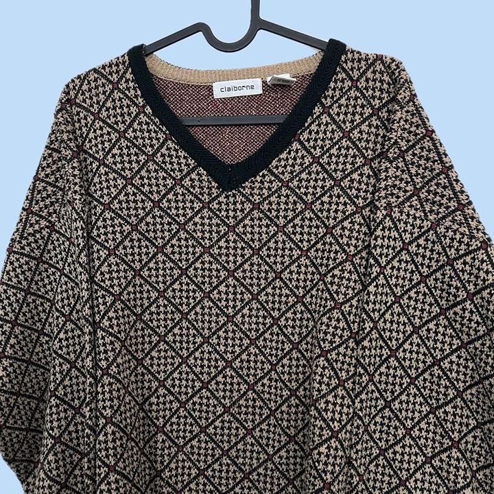 tan black and red geometric vintage 90s knit sweater