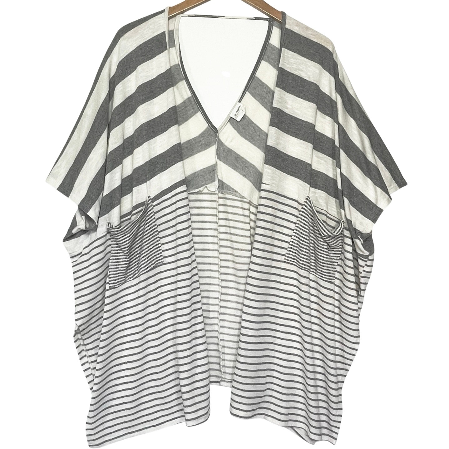 BY TOGETHER Women’s Gray and White Striped open Front Cardigan Poncho