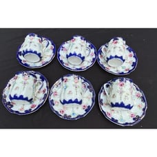 ANTIQUE Cobalt Flow Blue Gold Trim Hand Painted Floral DEMITASSE CUPS SAUCER -S1