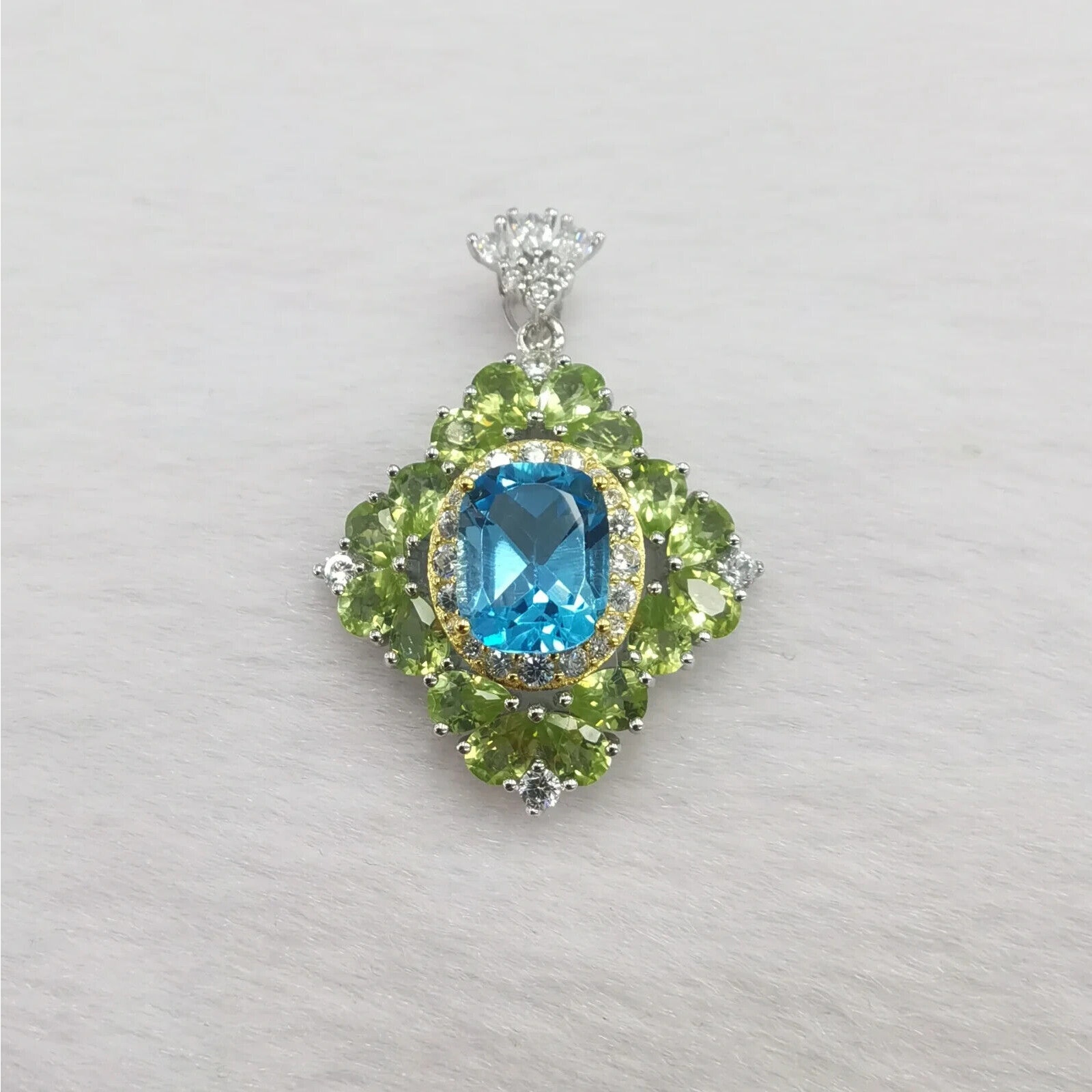 Swiss Blue Topaz and Peridot Gemstone Pendant Necklace, Peridot and Topaz