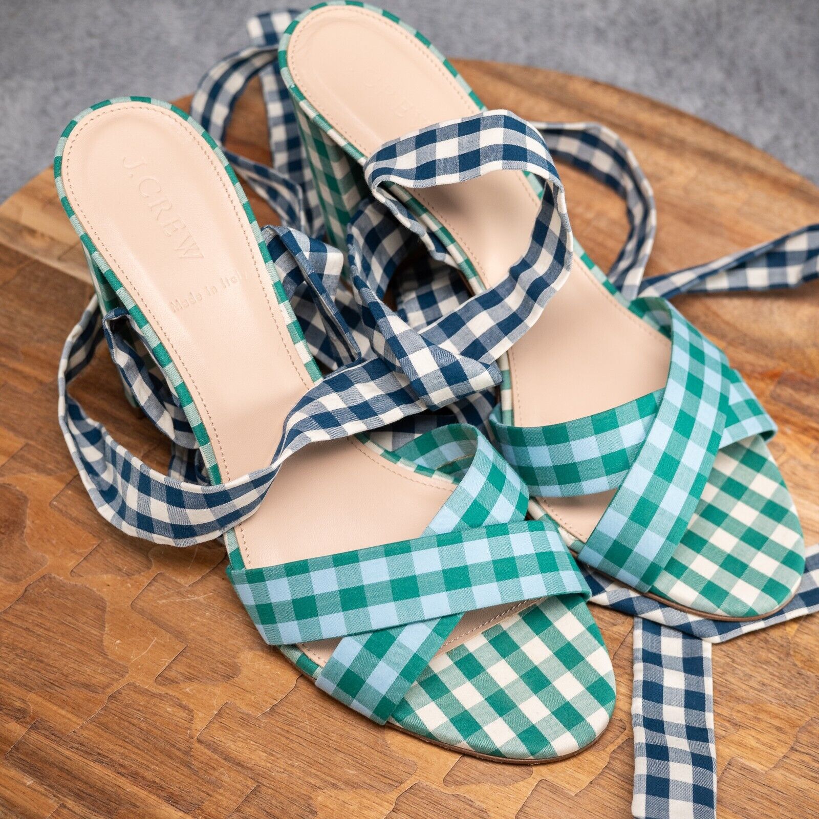 J. Crew Charlotte Mixed Green Blue Gingham Wrap Heel Sandal Size 9 w/box
