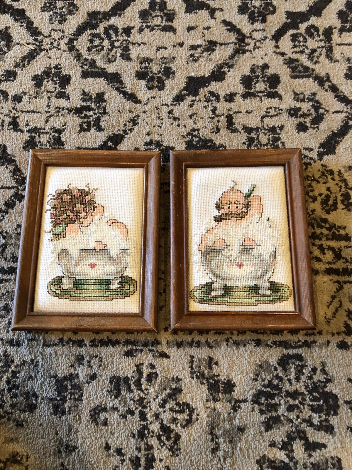 adorable pair of vintage wooden framed embroidered man and woman in bath artwork