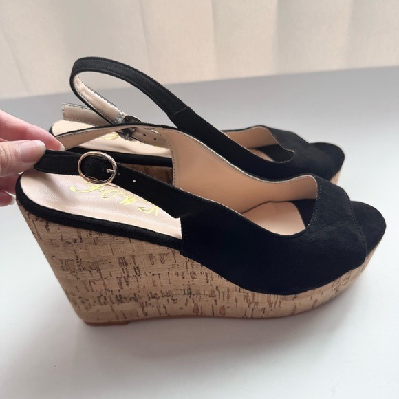 Size 9.5 Black Suede Women Peep Toe Slingback Platform Wedge Sandals High Heel