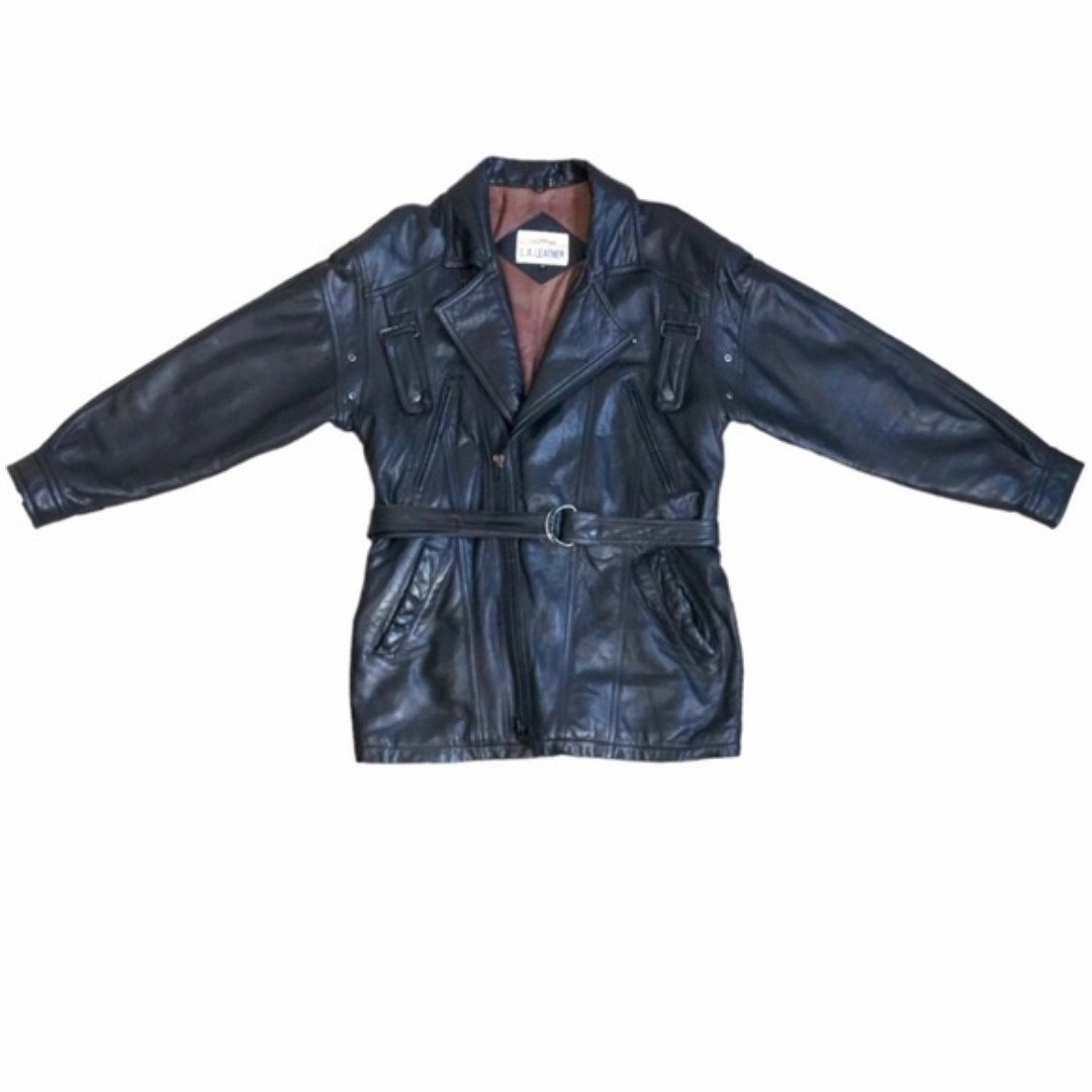 VTG 90s Y2K Black Genuine Leather Long Belted Zip Front