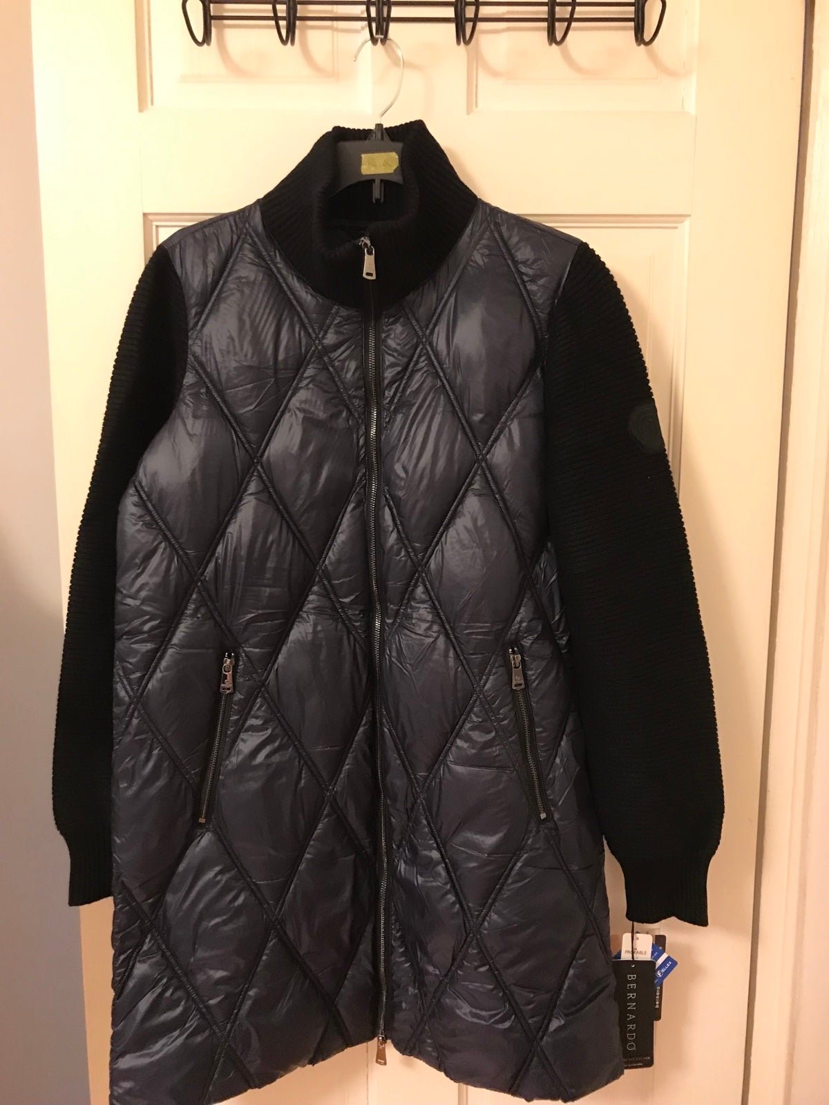 bernardo knit sleeve diamond quilt puffer coat