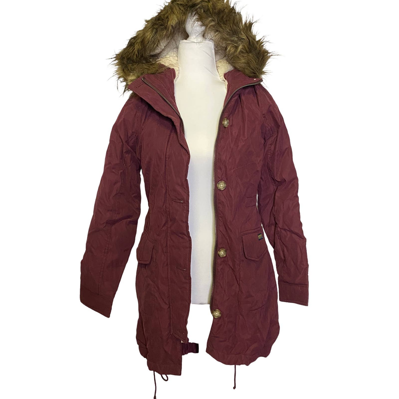 Abercrombie & Fitch Coat Long Lined Fur Hood Jacket Burgundy Maroon Size XS