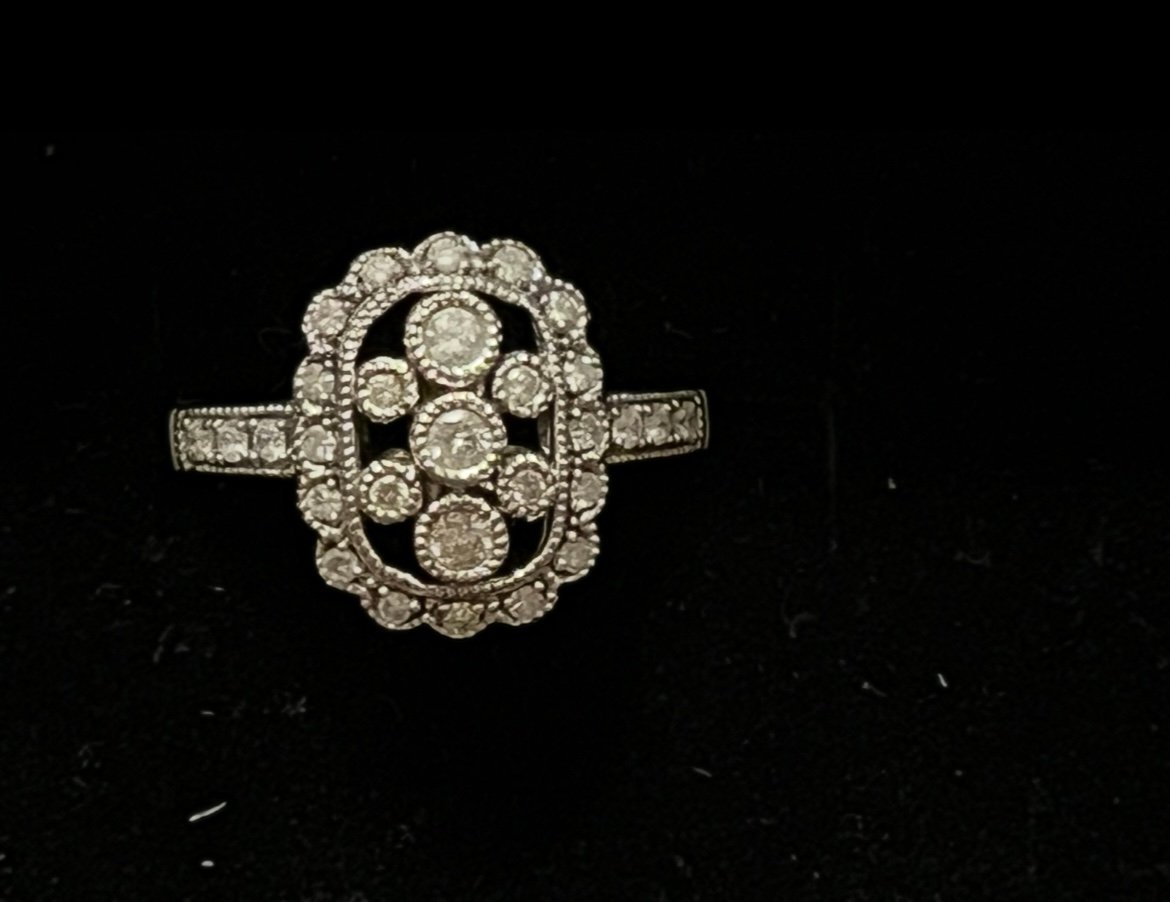 Ladies Size 7.25 Sterling Silver Natural Diamond Filigree Design Ring