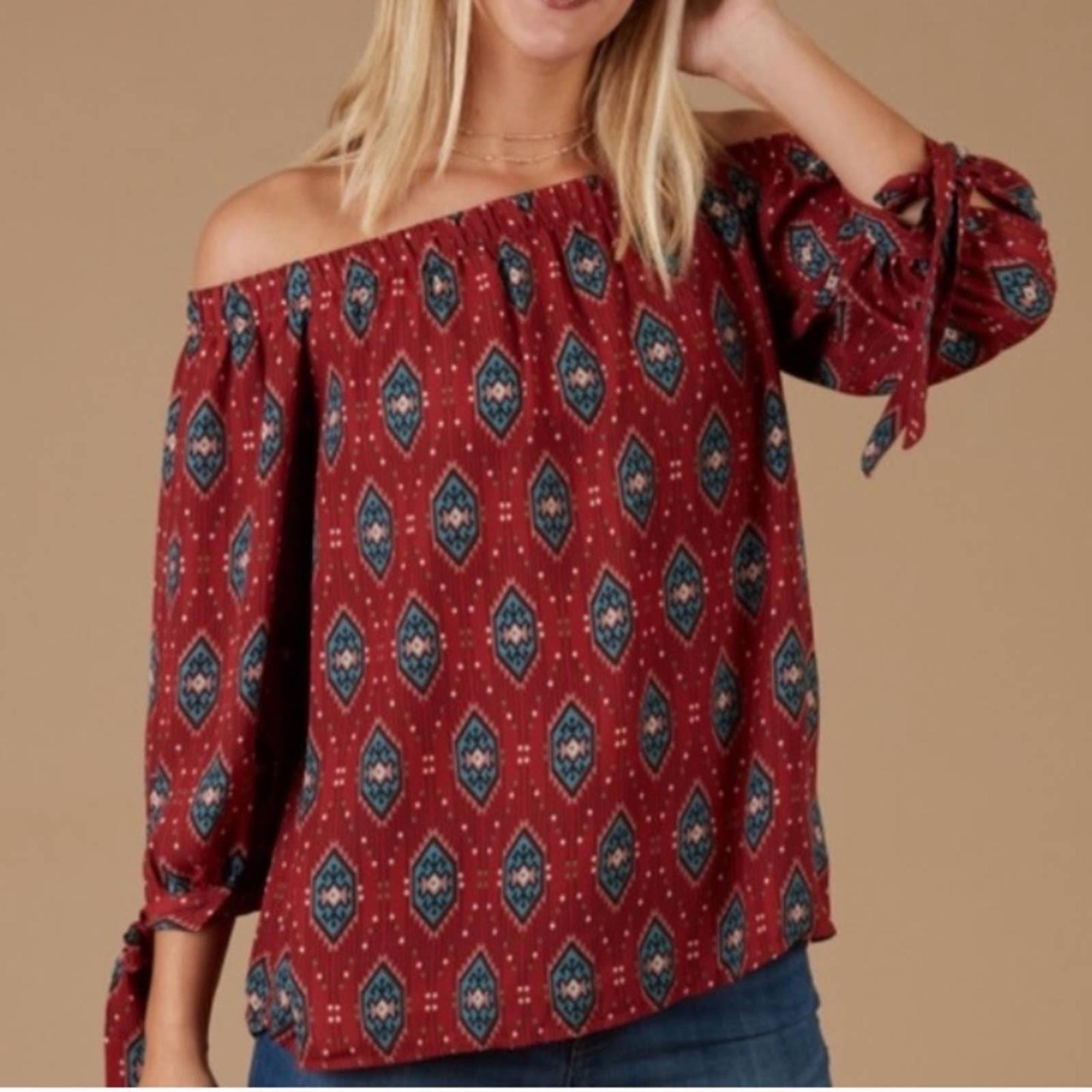 Altar’d state rust red & blue Aztec tribal off-the-shoulder flowy top
