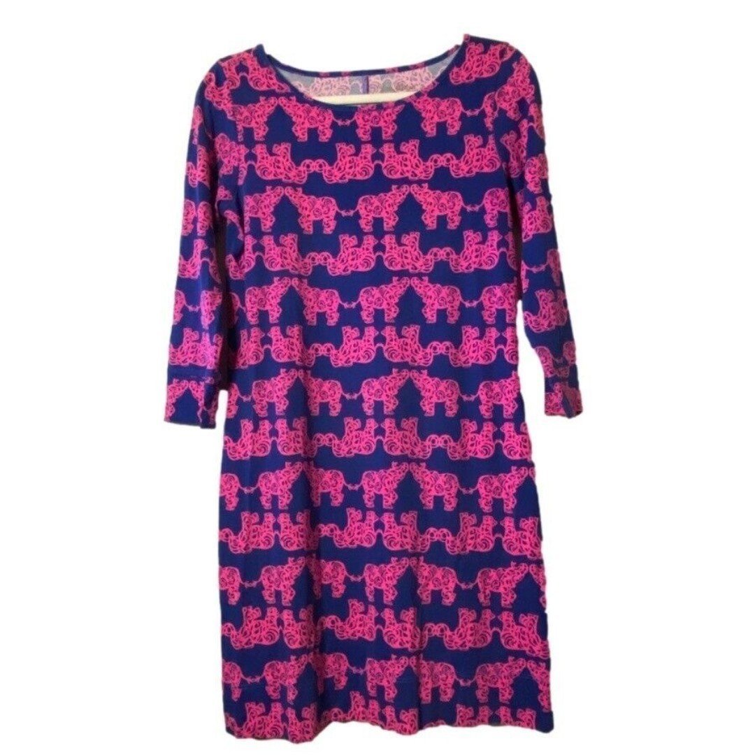 Lilly Pulitzer Marlowe Dress Shift Elephant Print 3/4 Sleeve Casual Pink Blue S