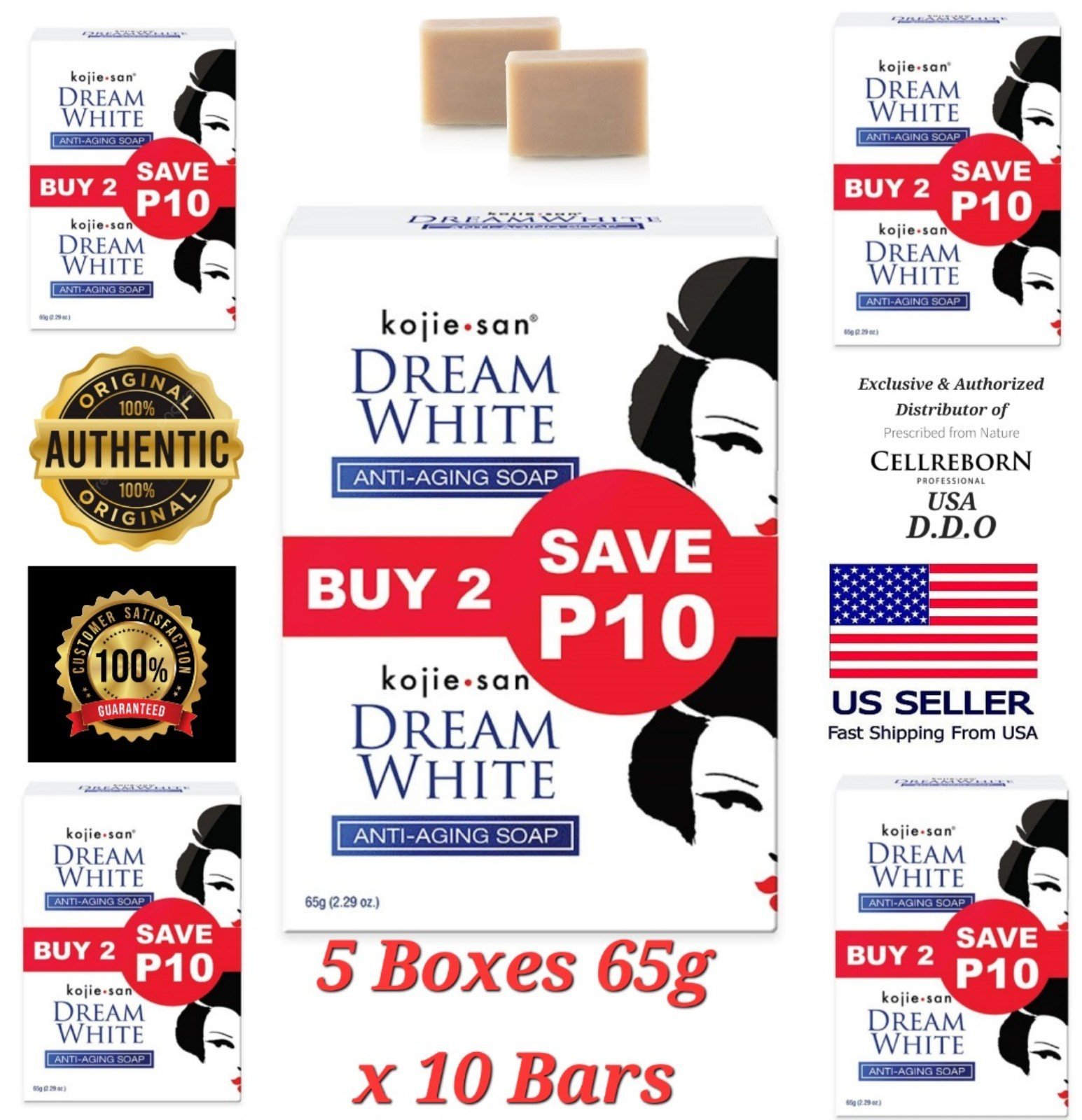 Original Kojie San Anti-Aging Kojic Acid Soap 5 Boxes 65g X 10 Bars