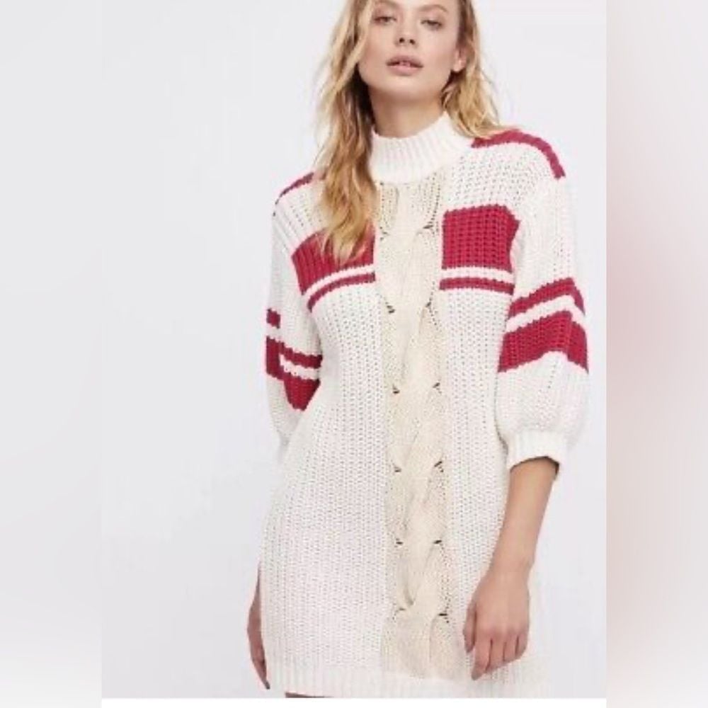 Free People Chunky Knit White Pink Puff Sleeve Sweater Dress- Size M