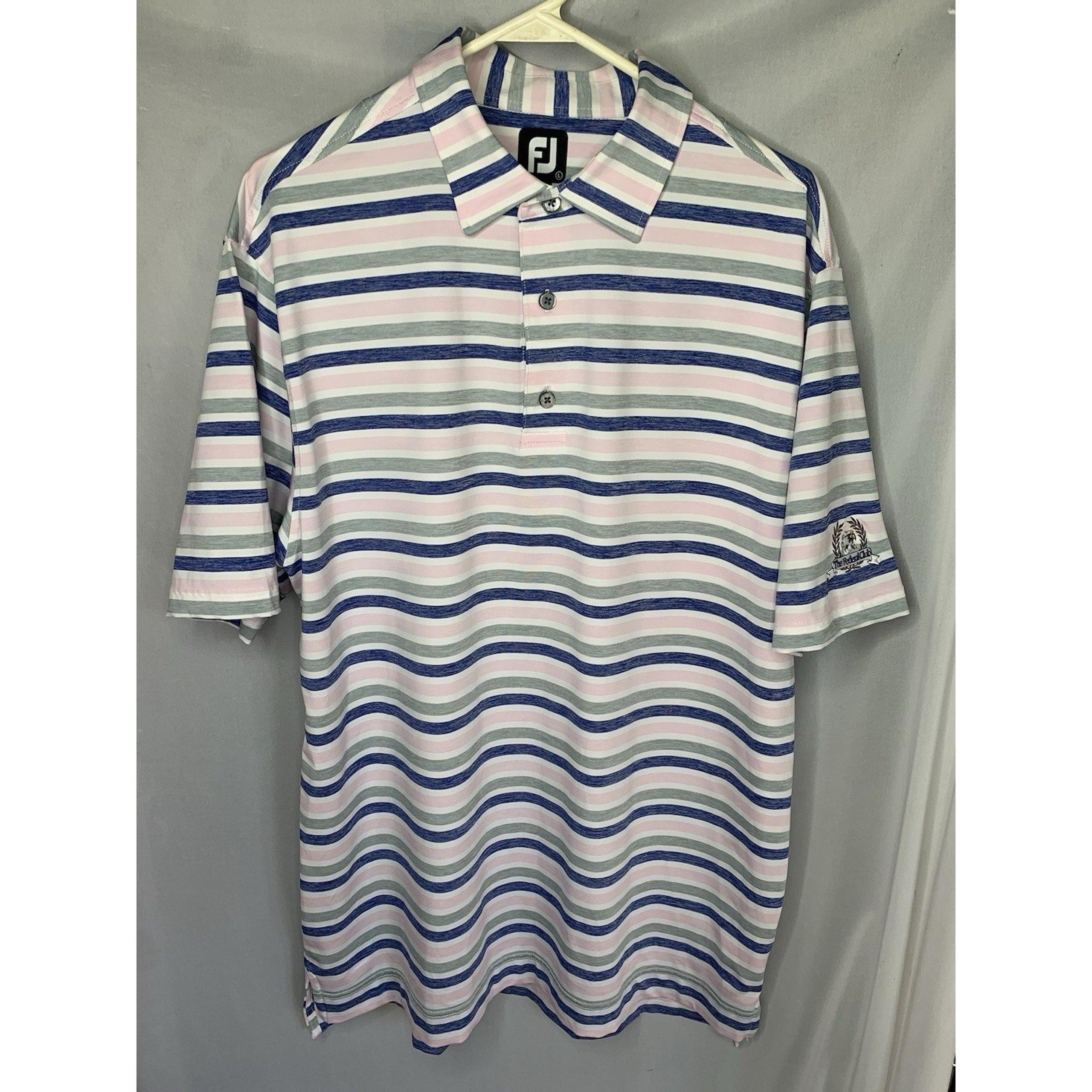 Mens Foot Joy L Pink Grey White Blue Striped Polo Short Sleeve Summer Golf
