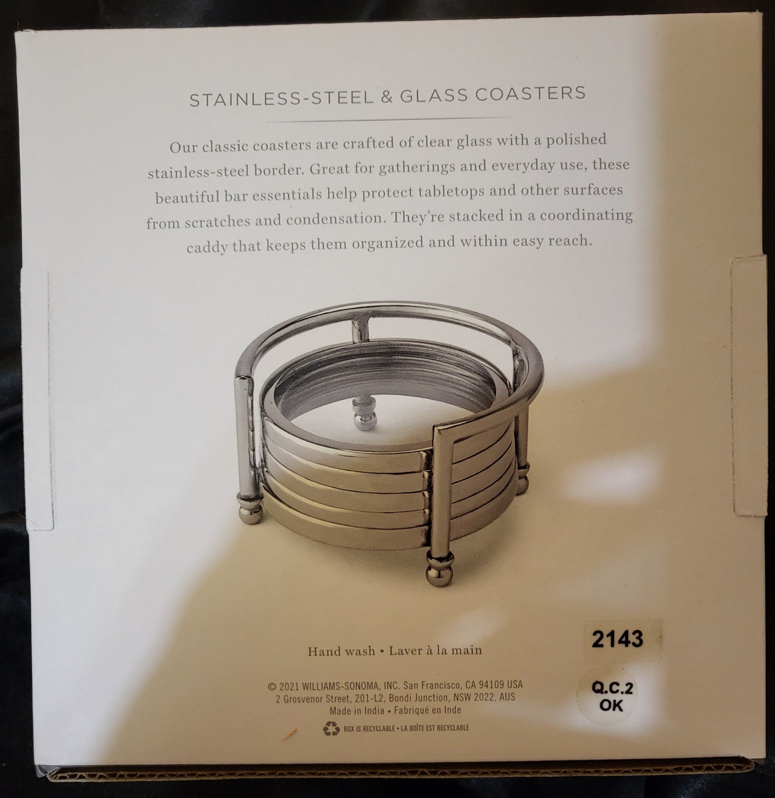williams sonoma stainless steel & glass coasters 4 coasters 1 holder