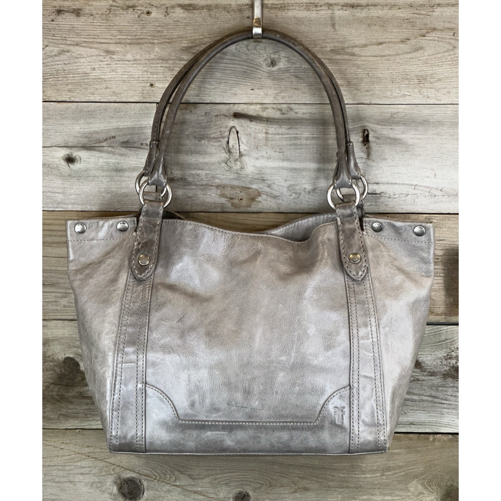 Frye Melissa Distressed Leather Hobo Shoulder Tote Bag Ice Gray