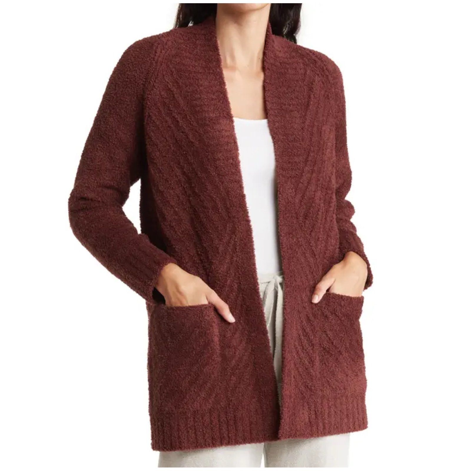 BAREFOOT DREAMS CozyChic Directional Ribbed Cardigan, Aubergine, Small