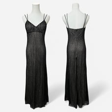 VTG Y2K Rimini by Shaw Black Beaded Crochet Overlay & Nude Lining Formal Maxi