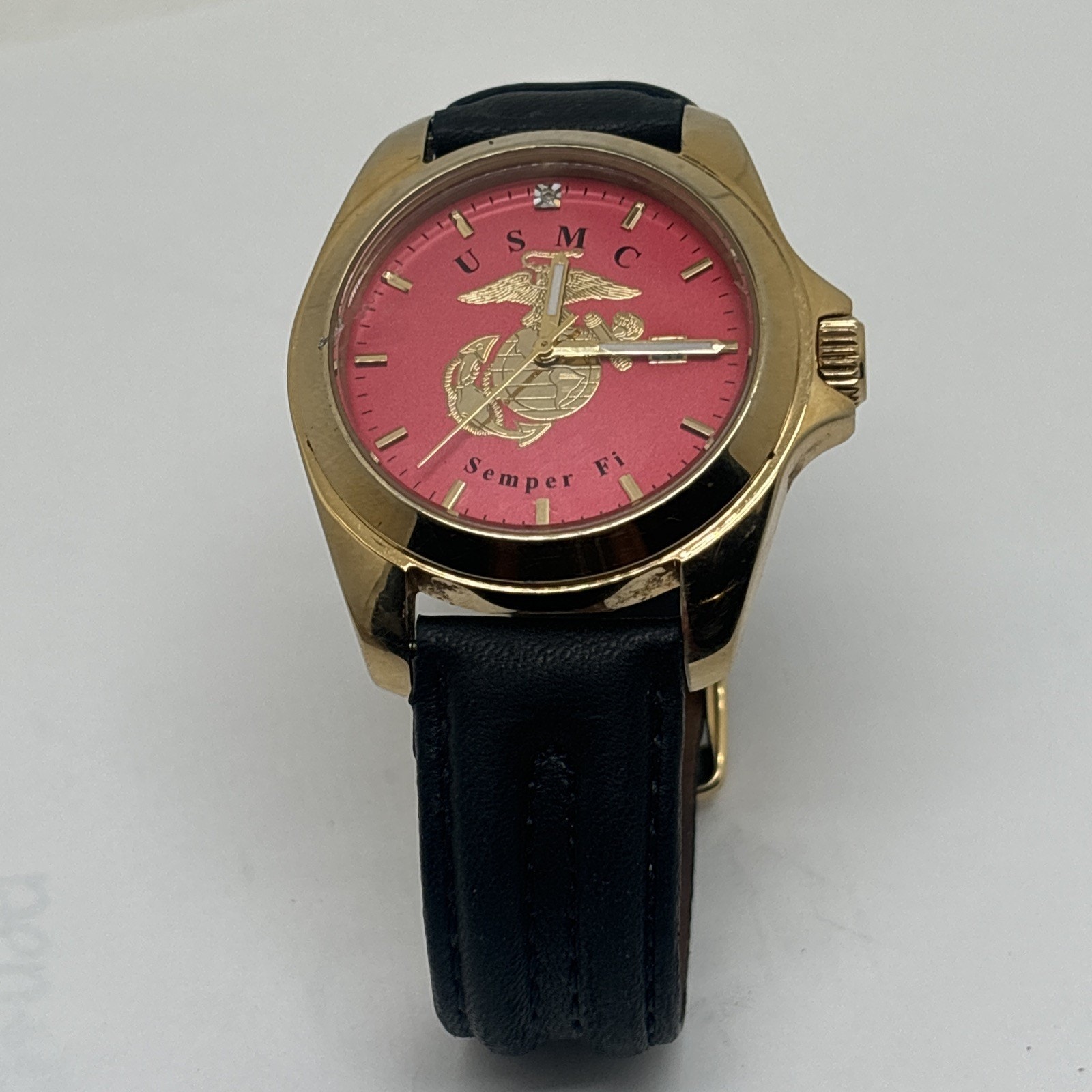 The Danbury Mint Watch Men's USMC Semper Fi Japan Movement Leather Band 2 Tone