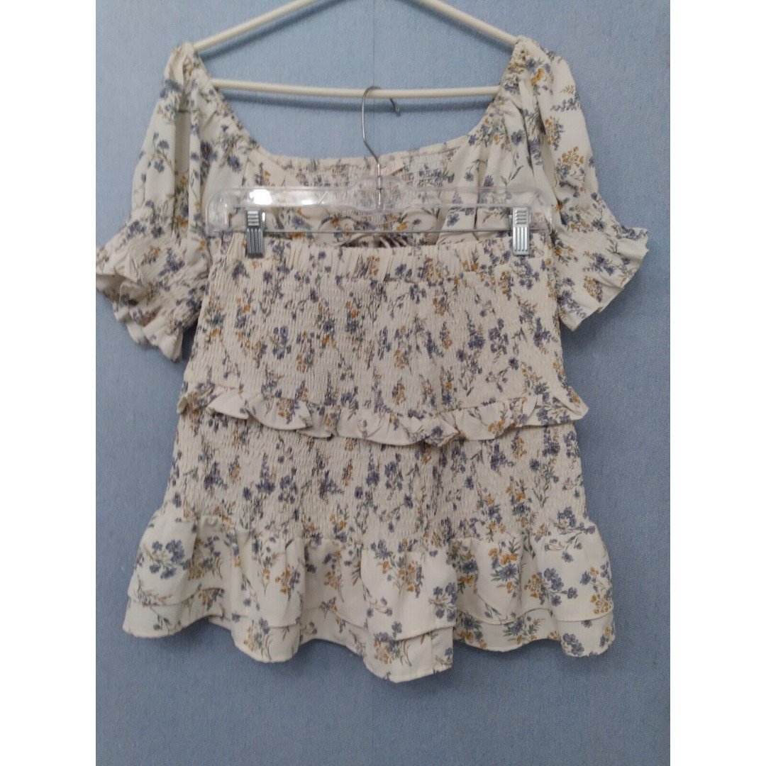 Romantic Floral Smocked Crop Top & Skirt Set Beige Cottagecore Ruffle Two-Piece