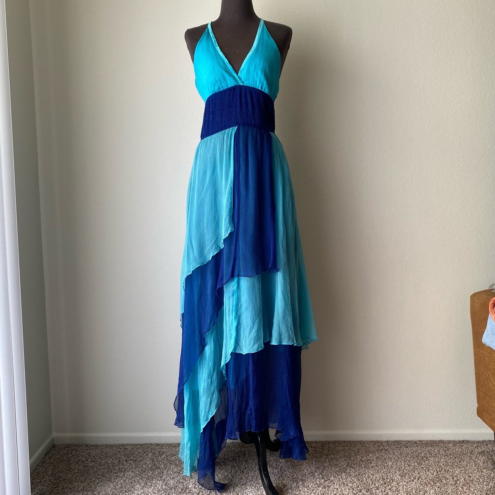 Bebe sz S 100% silk fairy layered halter maxi gown