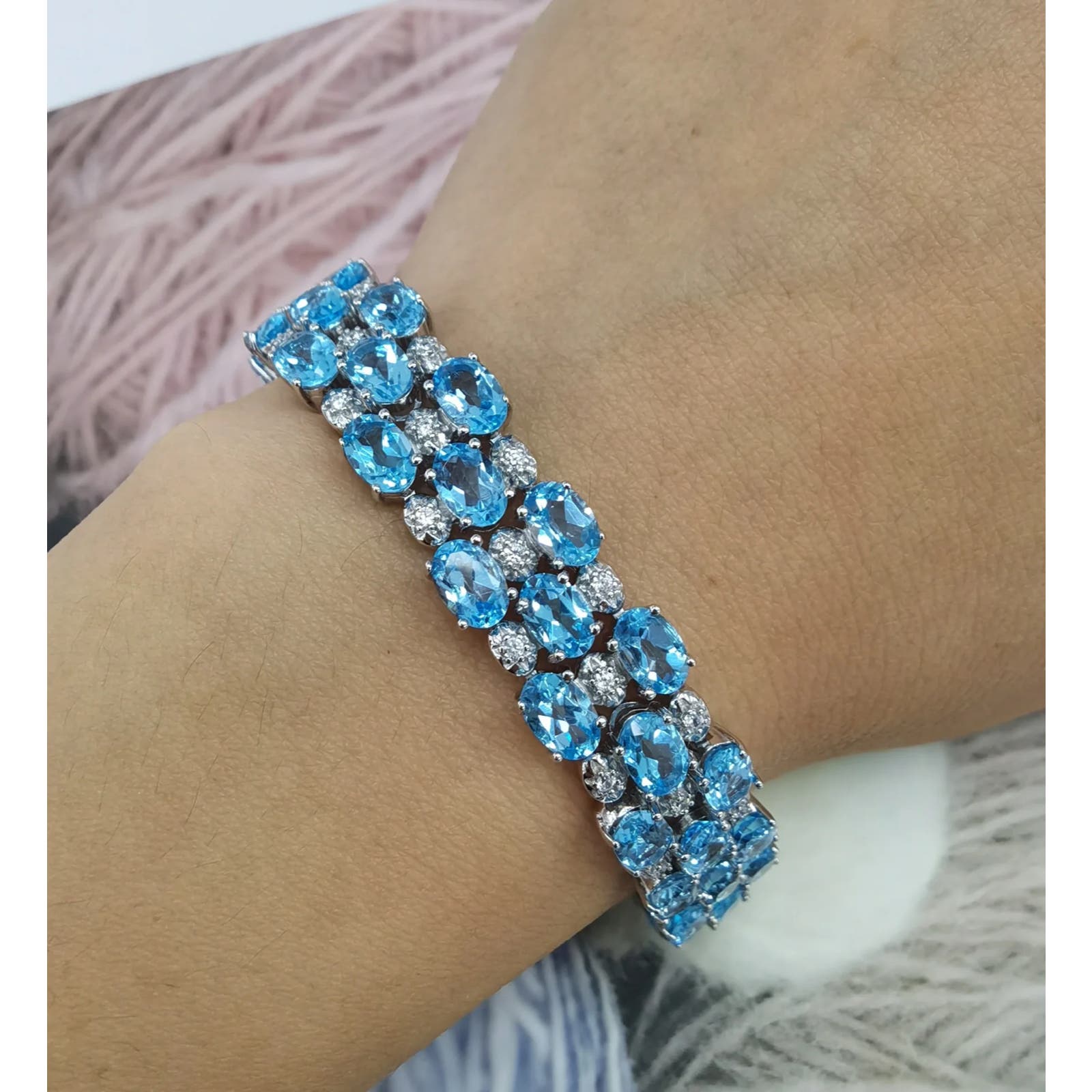Oval Cut Swiss Blue Topaz 3 Layer Tennis Bracelet, Natural Blue Topaz Bracelet