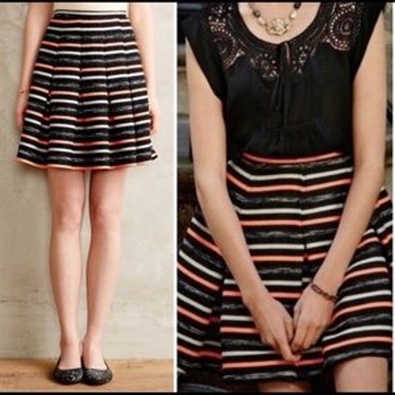 HD in Paris Anthropologie Striped Ribbon Pleated Swing A Line Skirt Black Neon