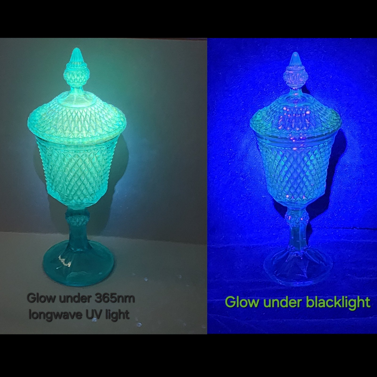 Blue Indian Glass Diamond Point Pedestal Candy Dish Lidded *GLOWS*