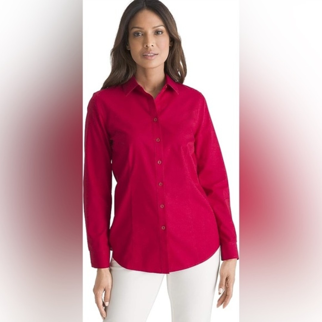 CHICO'S Red Button Down Shirt Women’s Large No Iron Long Sleeve Career Casual