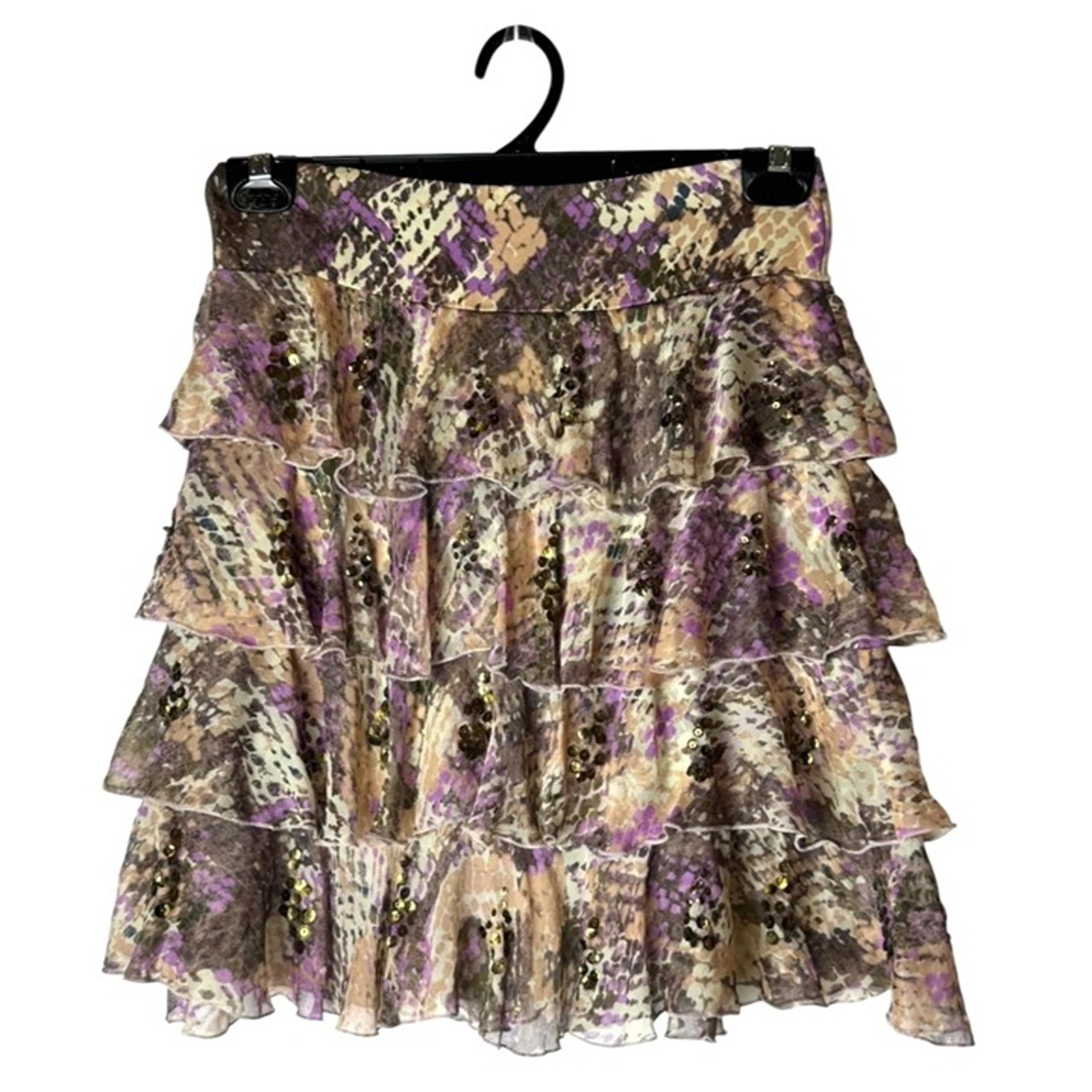 Diane Von Furstenberg Skirt Women 2 Brown Silk Snakeskin Sequins Tiered Mini