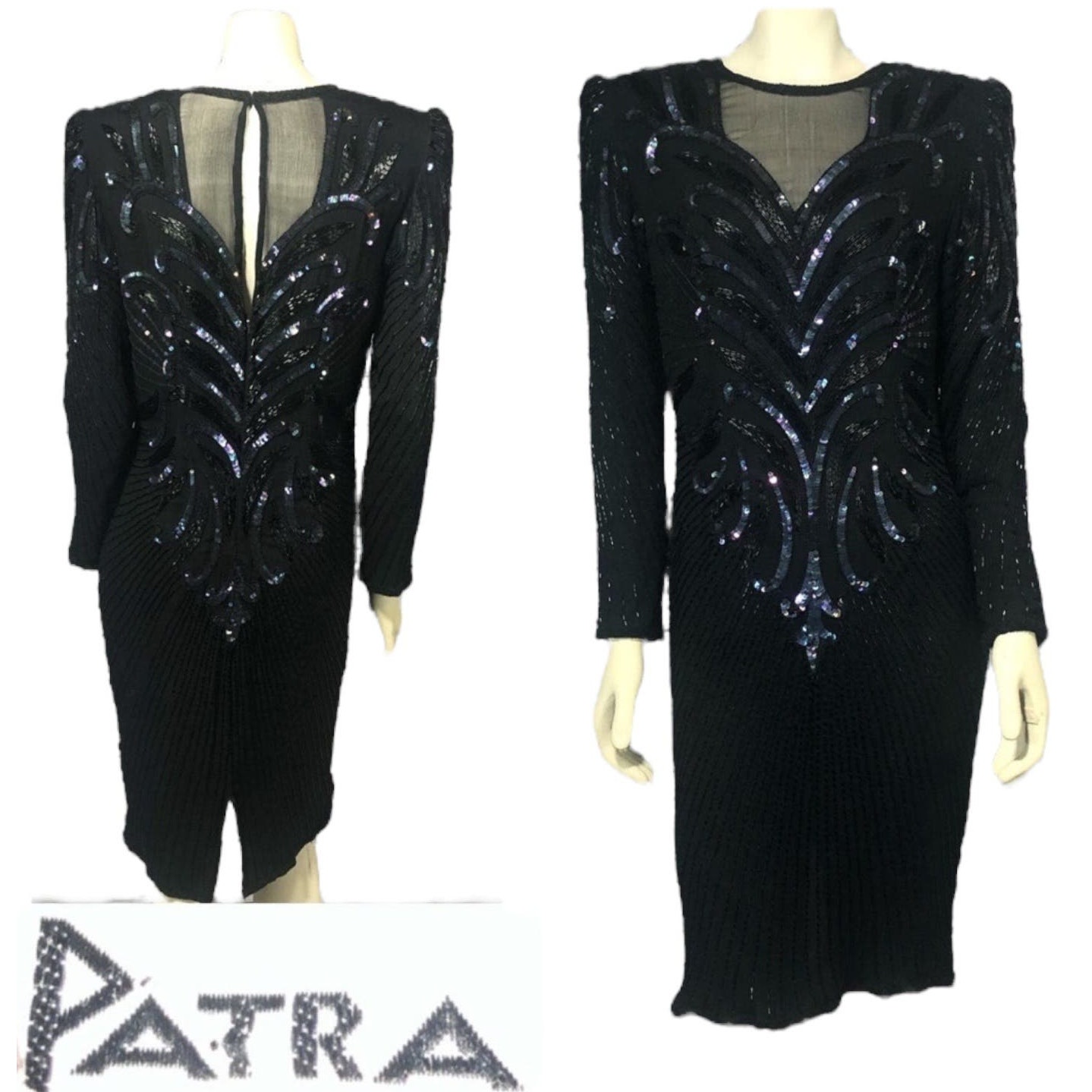 Vintage PATRA Beaded Sequin 100% Silk pleated Dress Evening Cocktail size 12