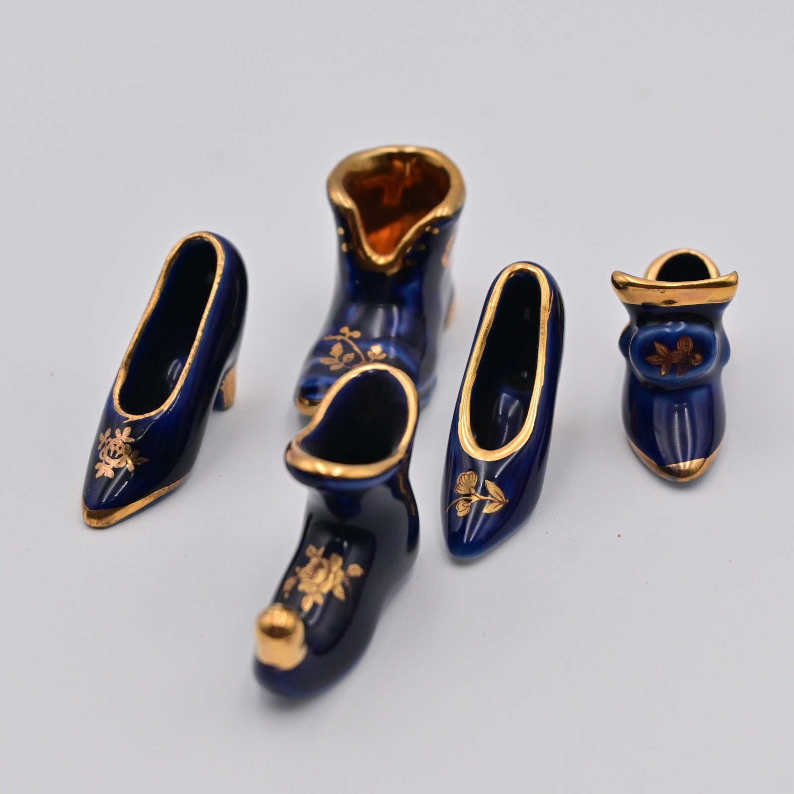 Vintage Limoges Cobalt Blue Shoe Bundle Of 5 Miniature Figures