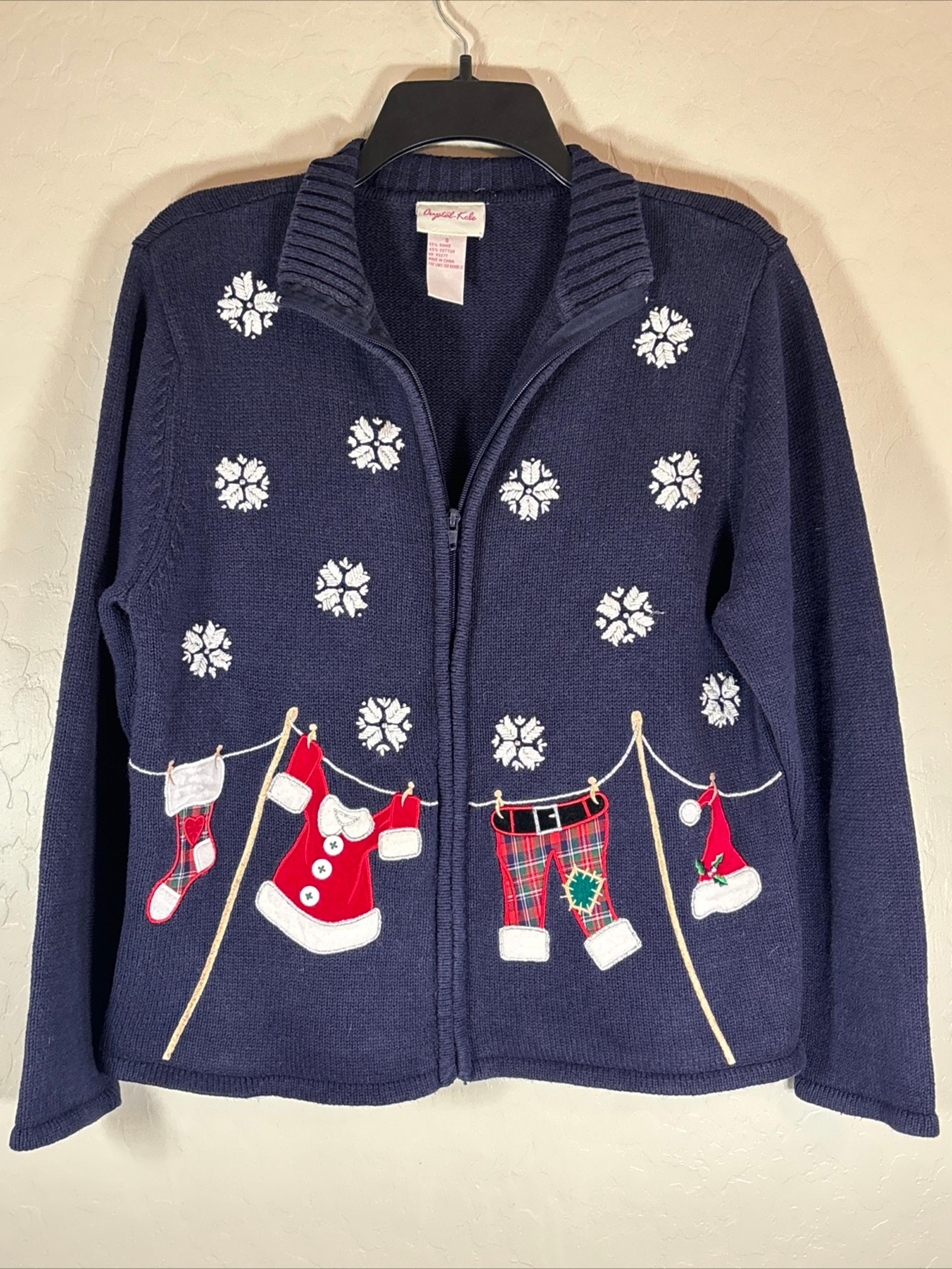 Crystal Kobe Blue Christmas cardigan Sweater Santa's clothes snowflakes S