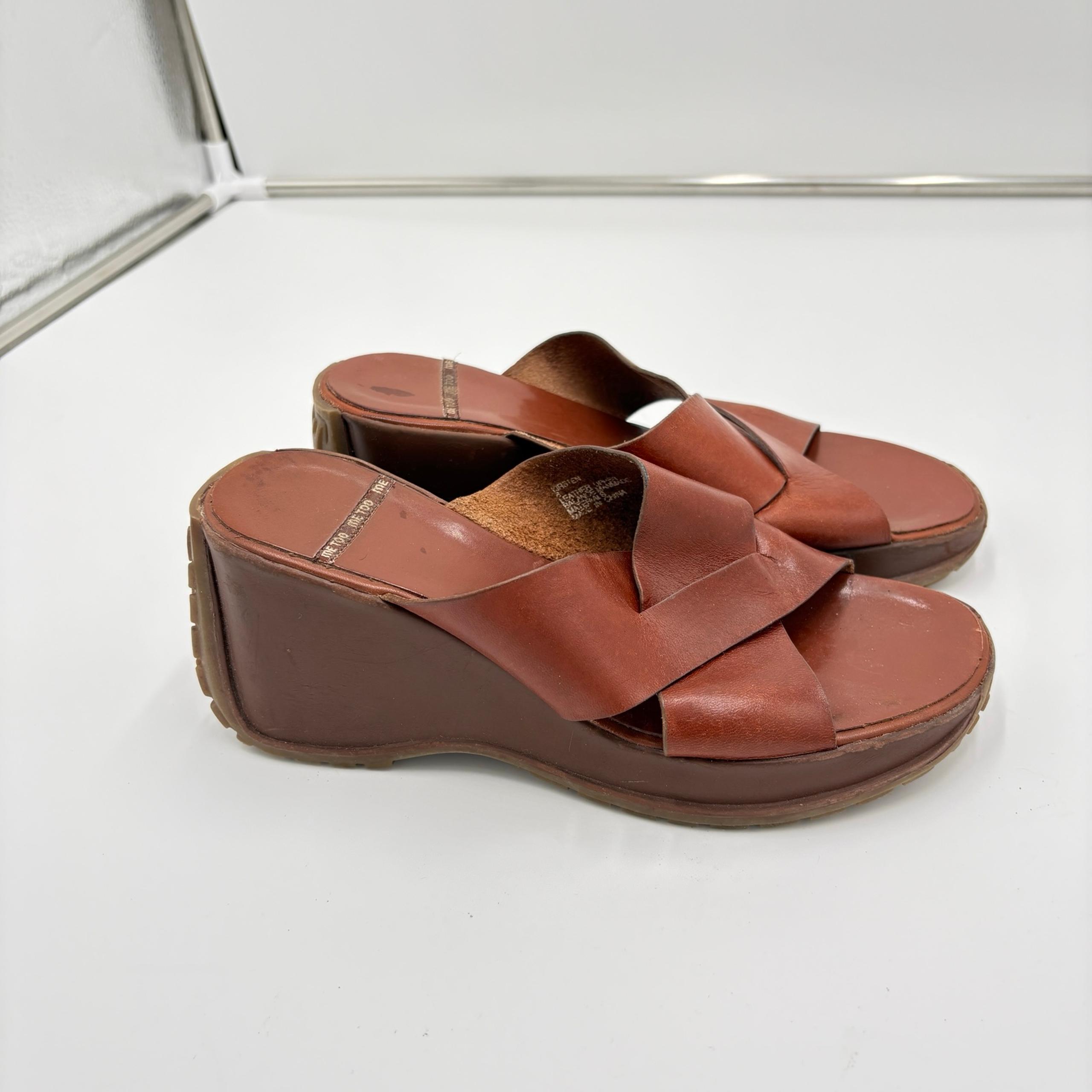 Me Too Chunky Y2K 90s Whimsigoth Platform Brown Leather Wedge Sandals Shoes Sz 6