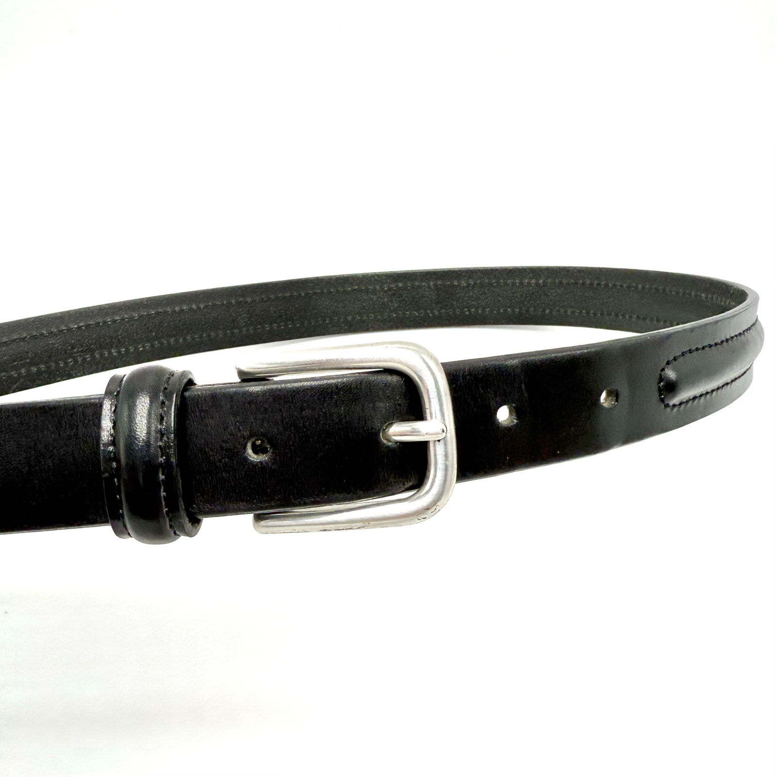 Eddie Bauer Black Leather Center Ridge Belt L 32 Silver Solid Brass Buckle Italy