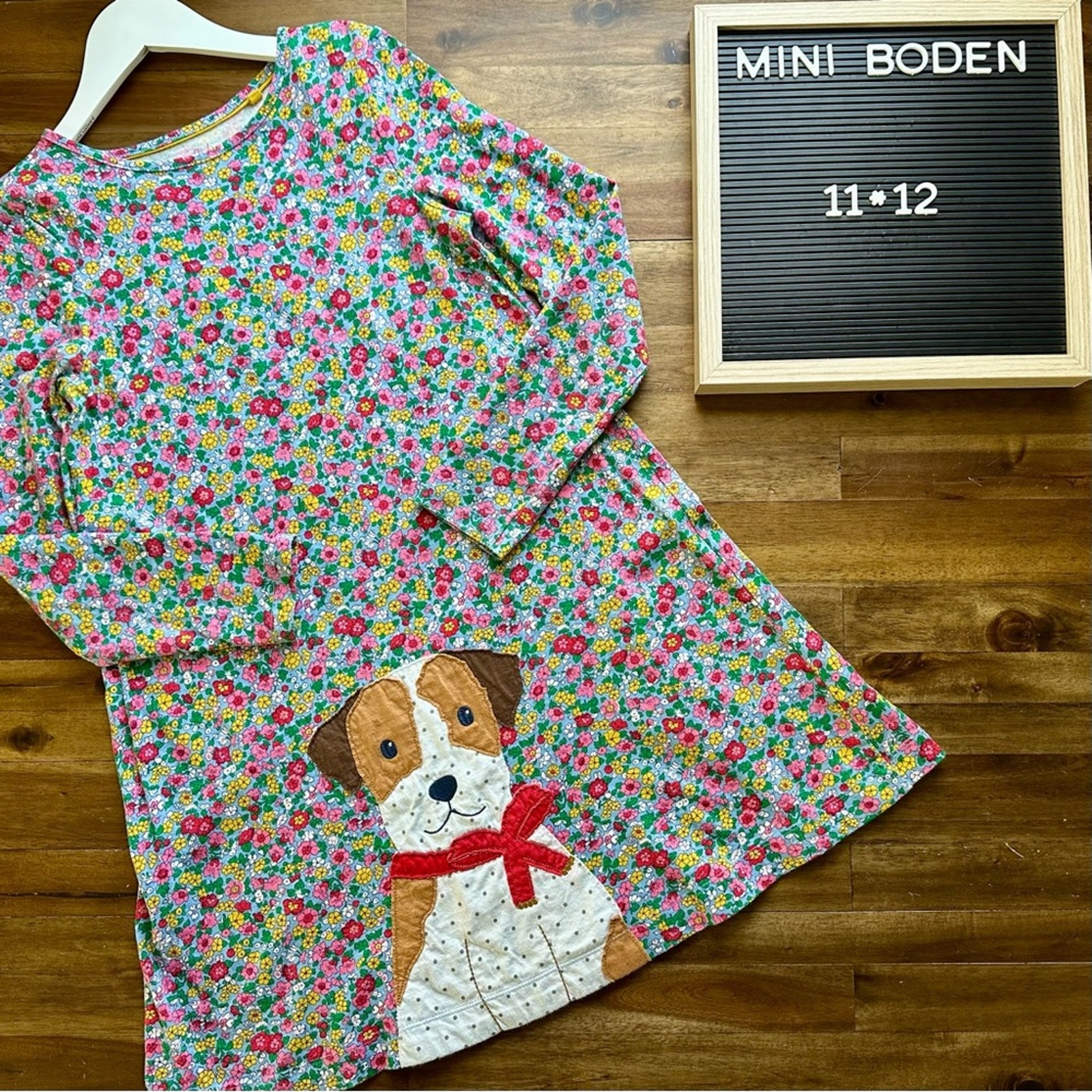 NEW Mini Boden Floral Knit Long Sleeve Dog Appliqué Dress Blue Pink Green 11/12