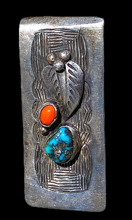 RARE Vintage Signed Navajo Roy Vandever SS Turquoise Coral Etched Money Clip