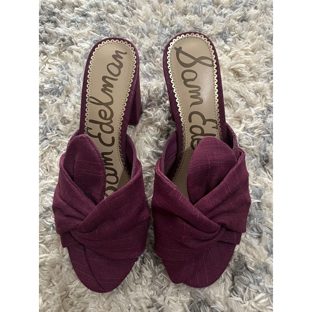 Sam Edelman Oda Linen Knot Block Heel Mules Bow Mulberry Size 9 Open Toe Purple