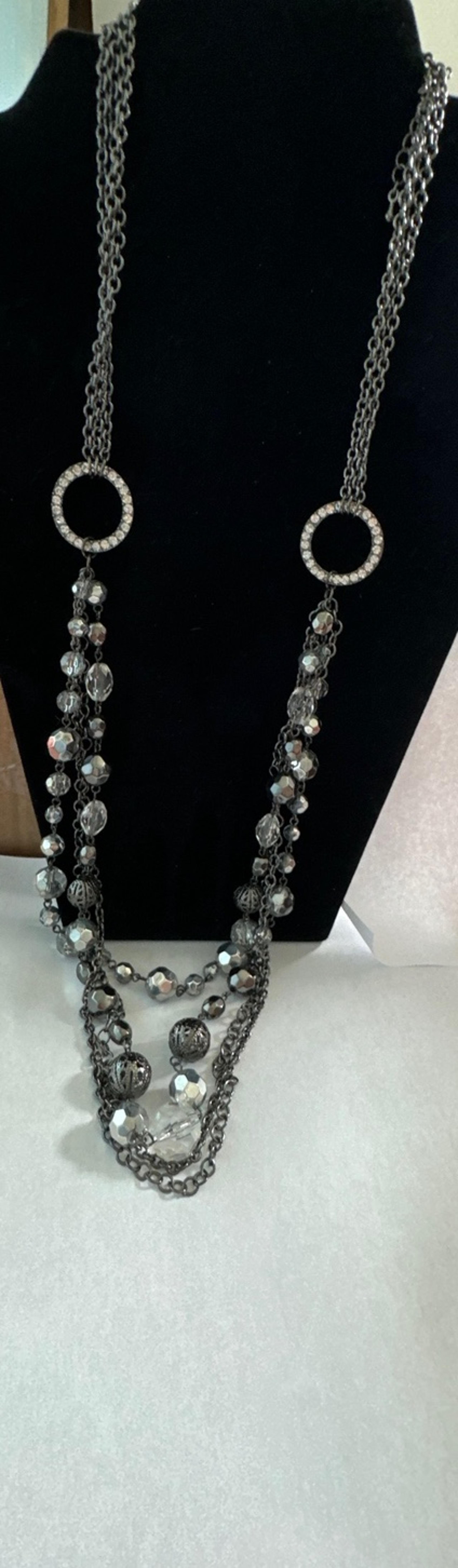 Layered Silver Toned Beaded Necklace Filigree and Rhinestone Embellishments