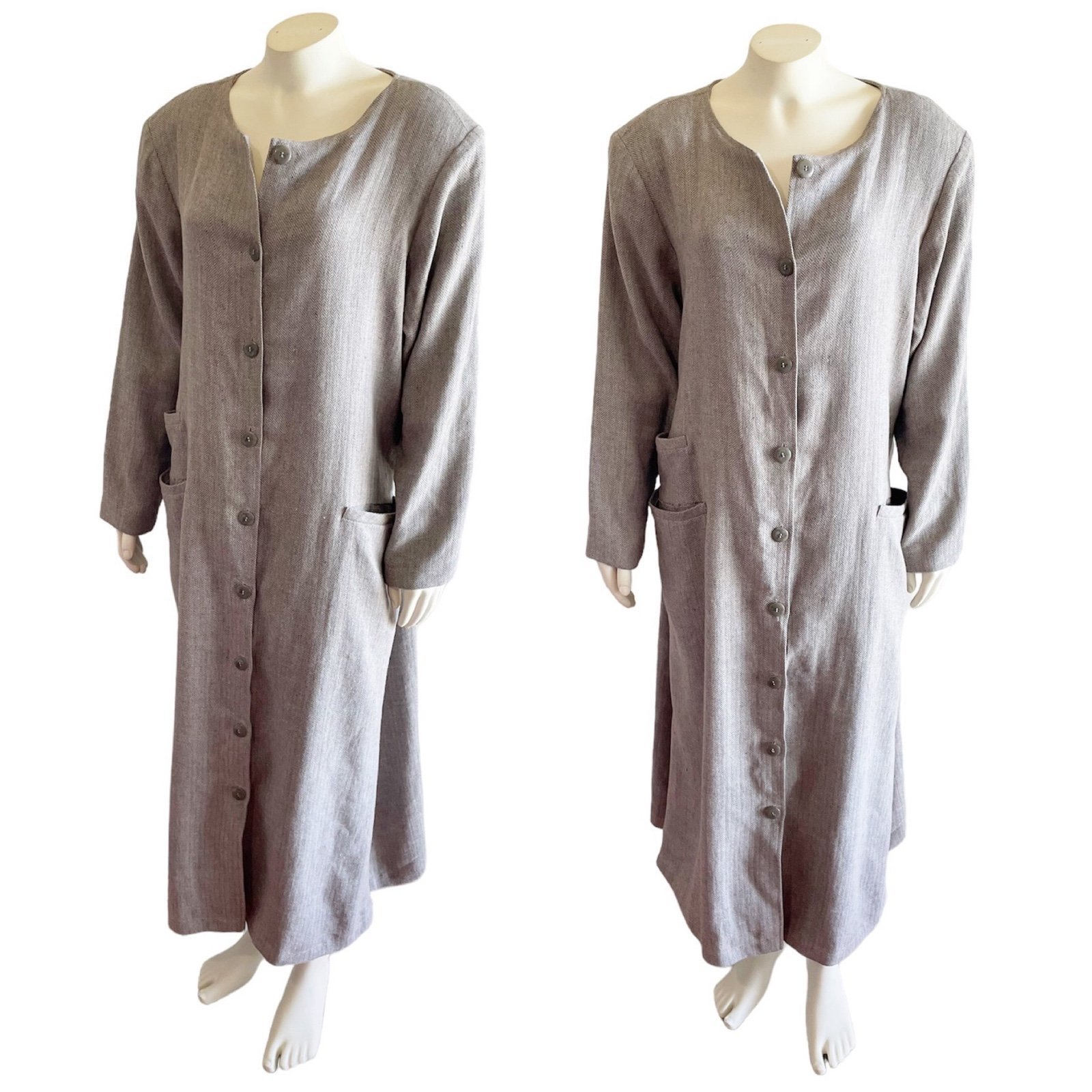 Ann Everett Herringbone Gray Wool Long Custom Pea Coat Button Down