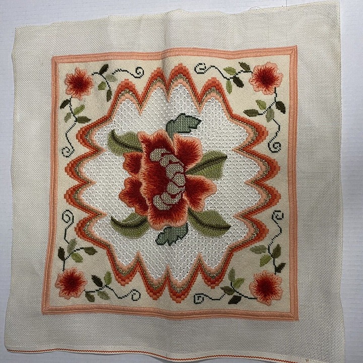 Embroidered orange peony flower crewel pillow top art needlepoint crewel peach