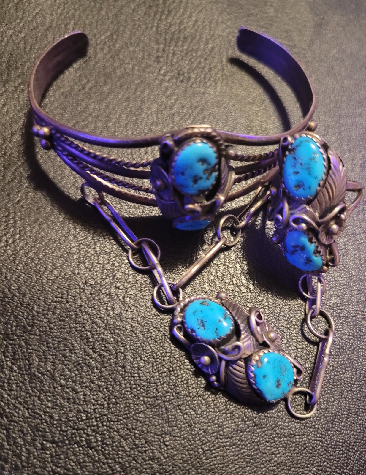 Native Vtg Sterling S (6) Stone Kingman Turquoise Women's Slave Bracelet Ring