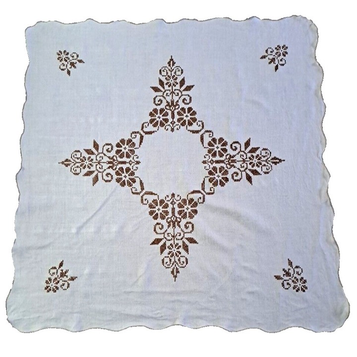 Vintage Square Tablecloth Hand Stitched Embroidered Floral Scalloped Cottage 40