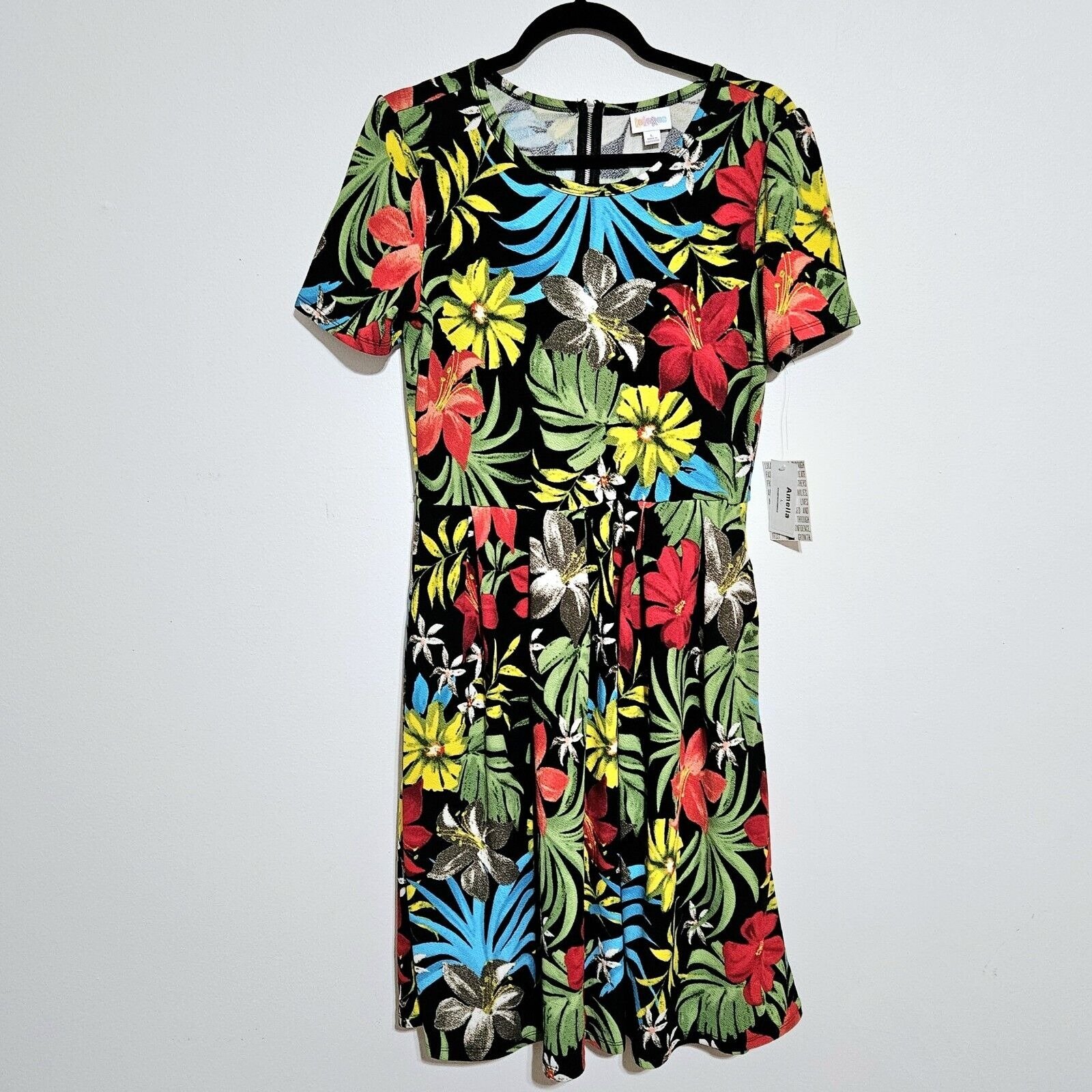 Lularoe Dress Size Large Amelia Floral Tropical Black Pleats Zipper Pockets