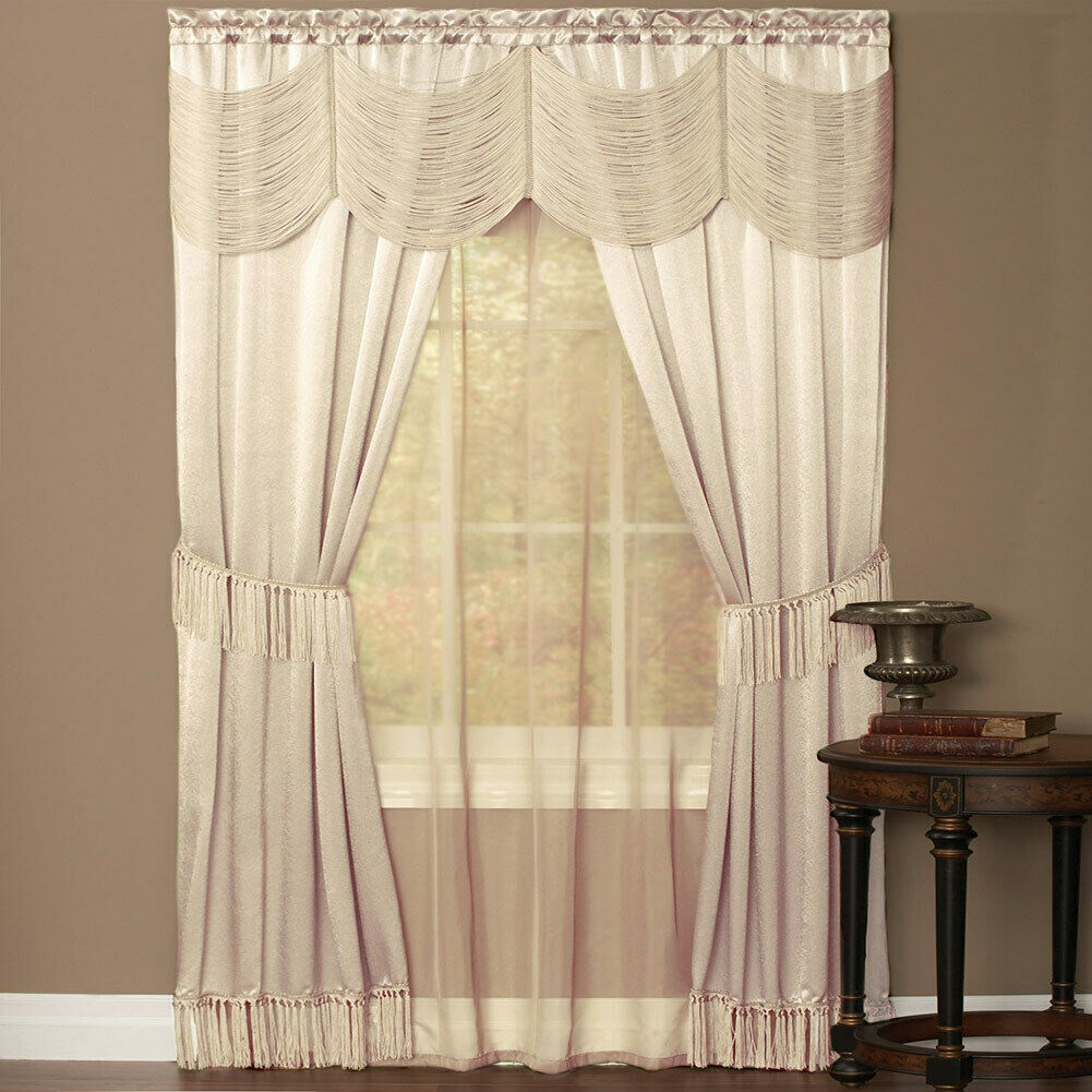 Halley Complete 6 Piece Satin Fringe Window Curtain Set 56 x 84 Ivory NEW