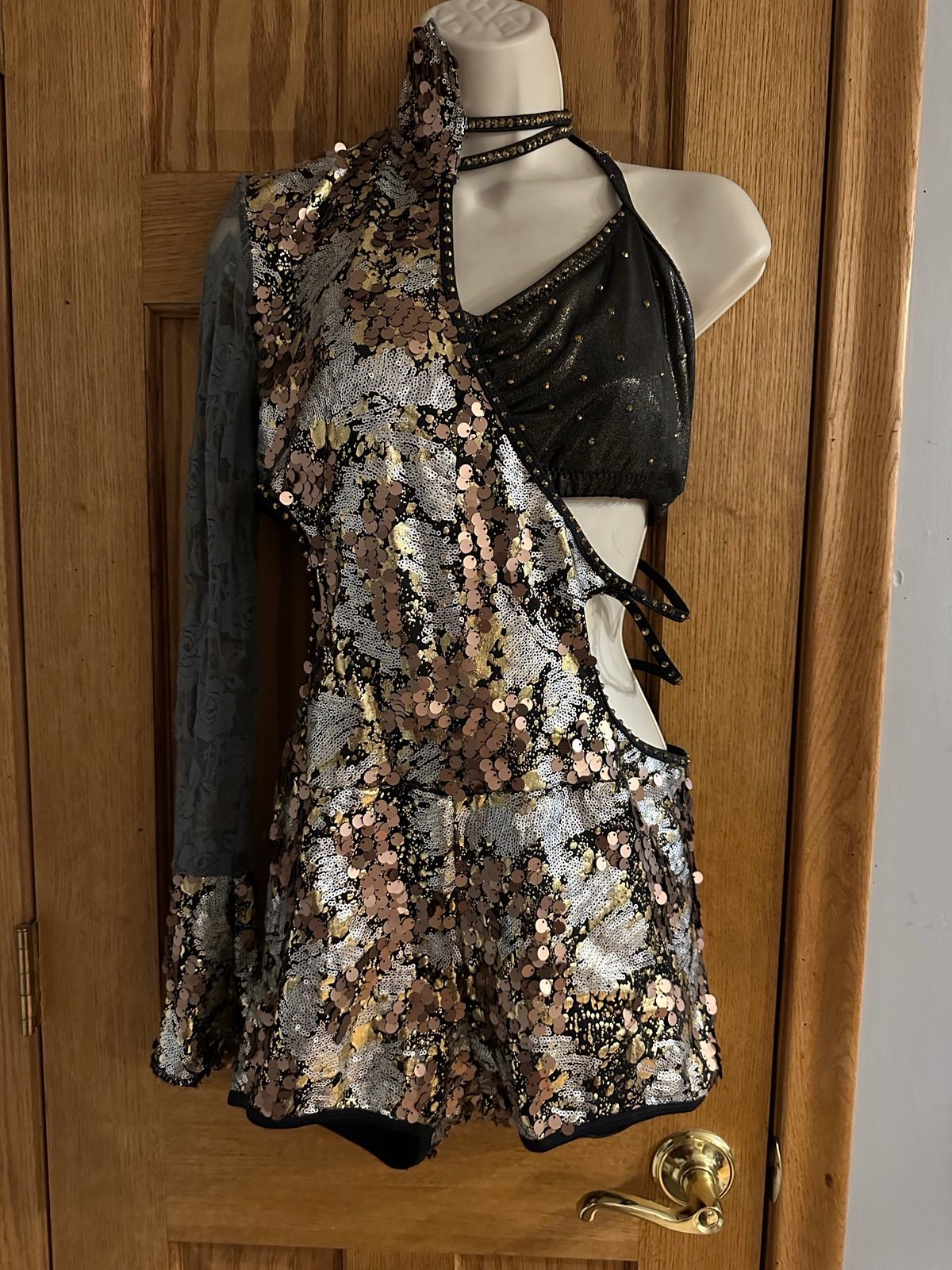REVERENCE SILVER GOLD COPPER SEQUIN RHINESTONE BIKETARD DANCE COSTUME LARGE