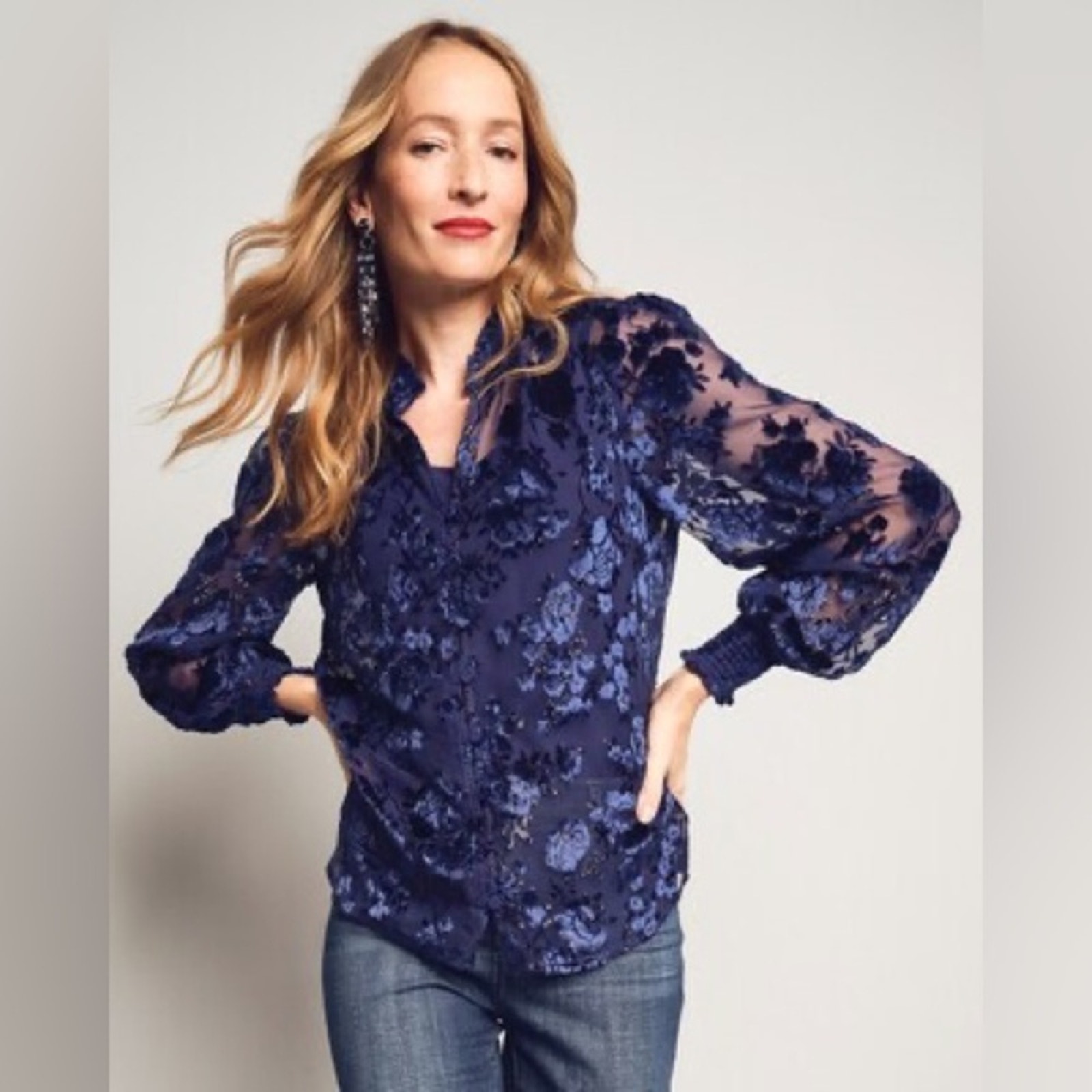 Chicos The Velvet Burnout Animal Scroll Express Shirt Blouse in cobalt NEW 10