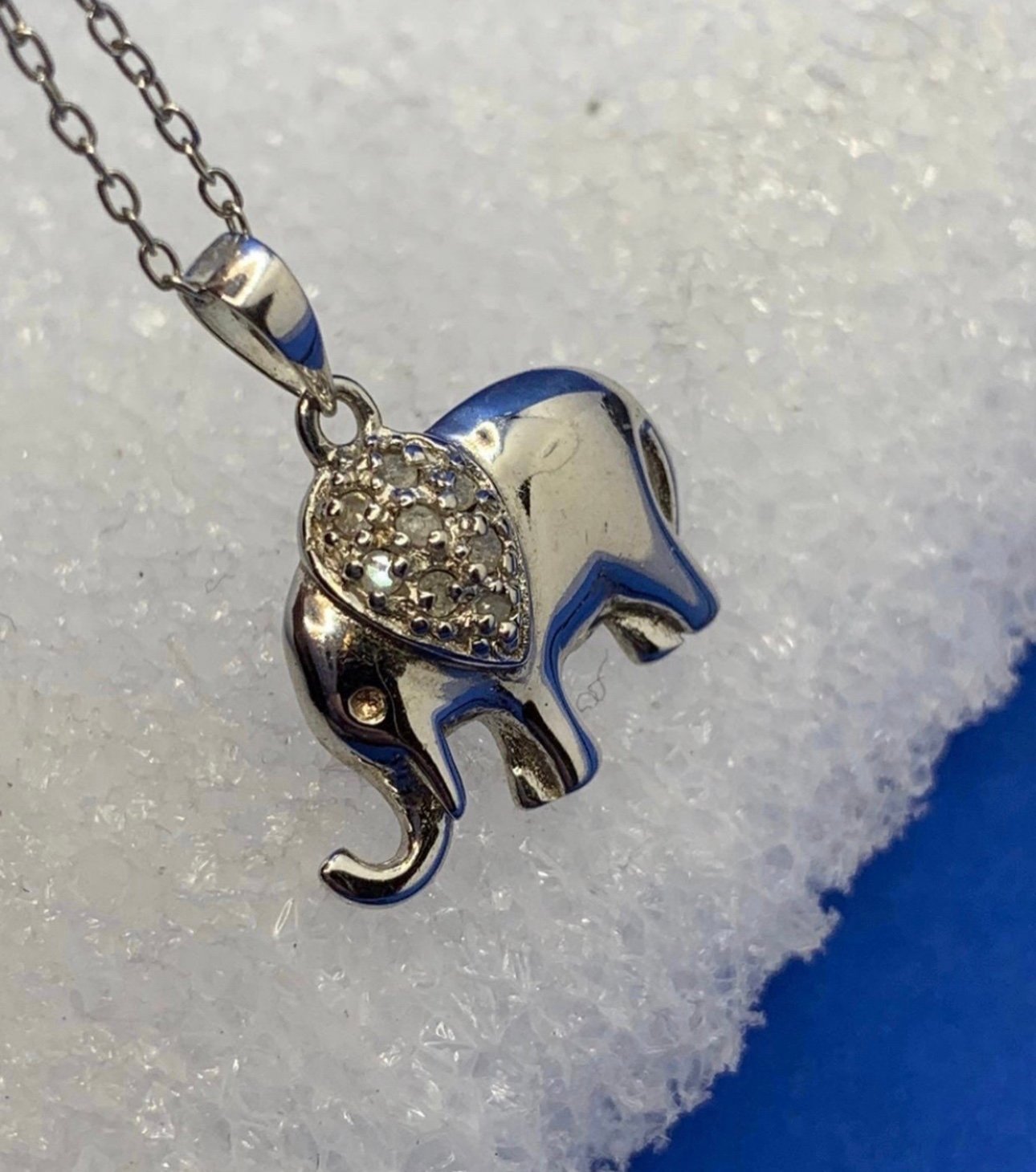 Vintage Sterling Diamond Ear Elephant Animal Pendant with chain