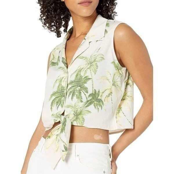 New Womems 28 Palms Loose-Fit Silk/Rayon Tie Front Palm Print Button Down Top XL
