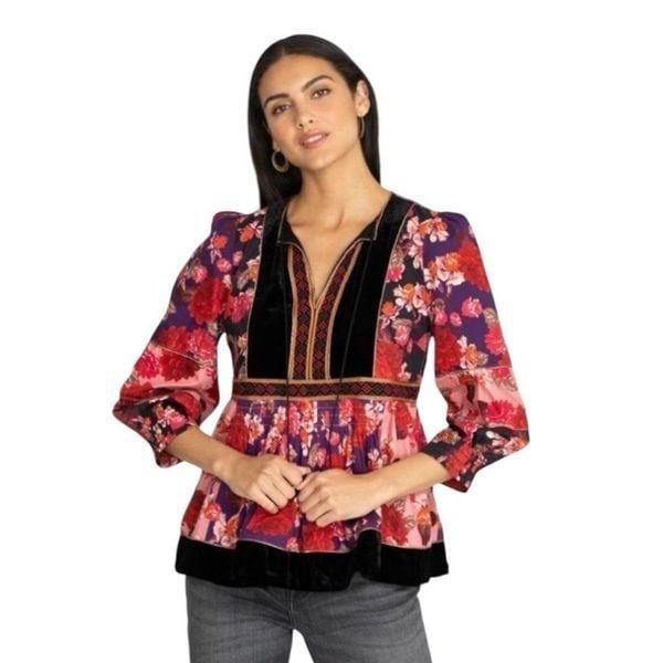 Johnny Was Kimmy Peasant Cotton Floral Embroidered Velvet Blouse Metallic Size M