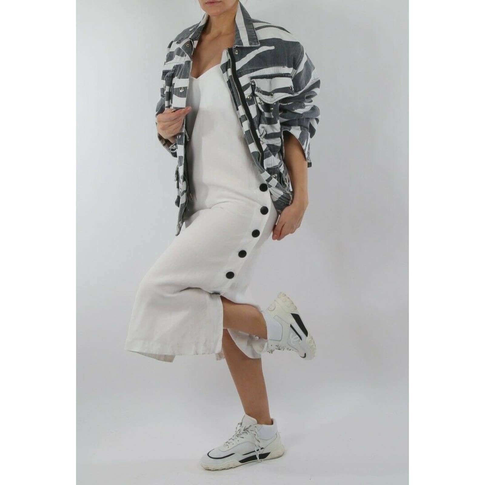 IRO Gray White Denim Zebra Print Military Short Jacket Size 34