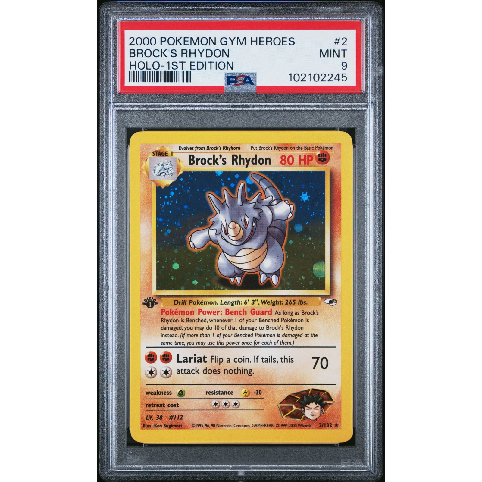 PSA 9 MINT Brock's Rhydon 1st Edition 9/132 Gym Heroes 2000 Holo (CGC/BGS)